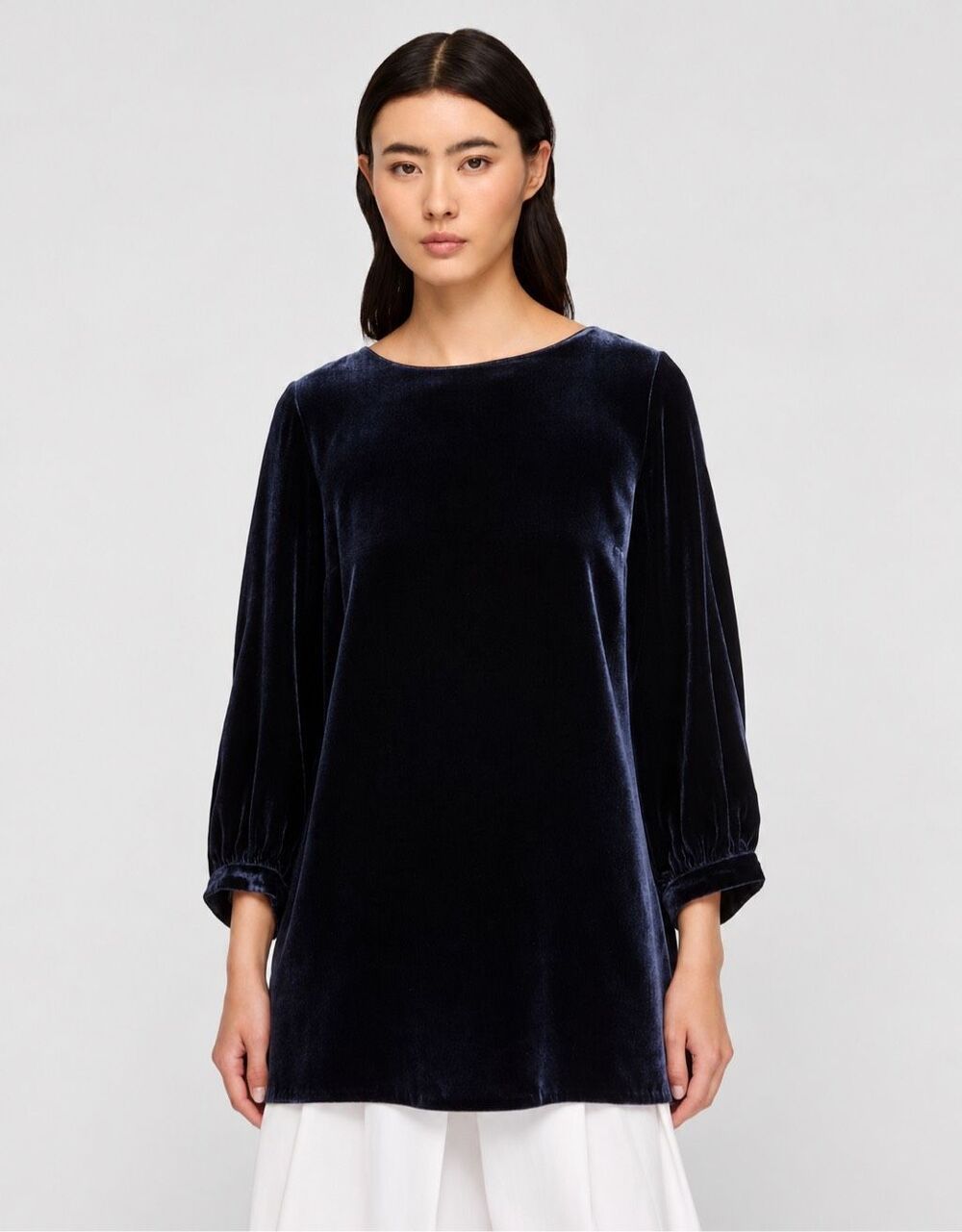 NWOT Lafayette 148 New York Navy Silk Blend Velvet Tunic Top, Sm $495 C21